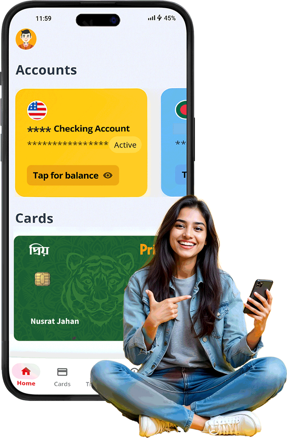 Priyo mobile app interface showing accounts and cards